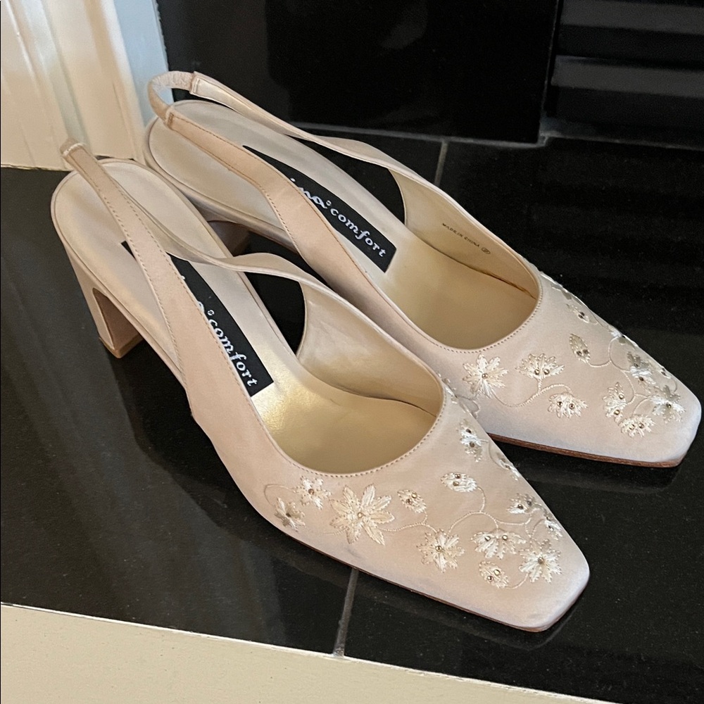 Nina Cream Satin Embroidered Slingback Heels